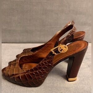 Tory Burch “Allison” Brown Croc-Embossed Heels